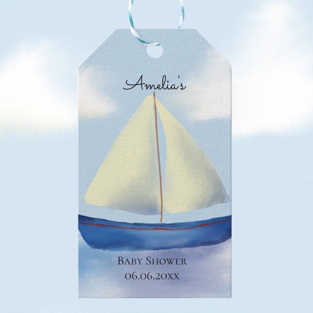 Étiquettes-cadeau Petit Baby shower à voile bleu (Whimsical baby shower favor tags with a nautical theme)