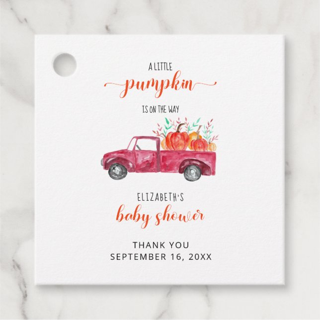 Étiquettes Cadeau Petit Baby shower Citrouille Camion Rouge Automne  (Devant)