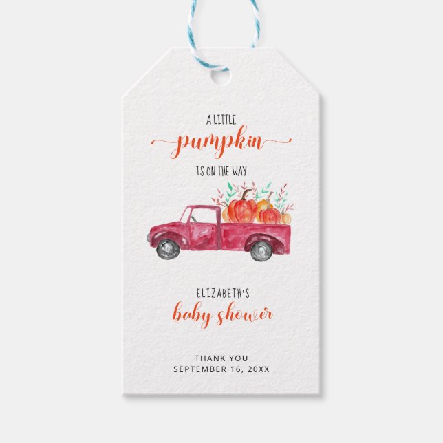 Étiquettes-cadeau Petit Baby shower Citrouille Camion Rouge Automne  (Devant)