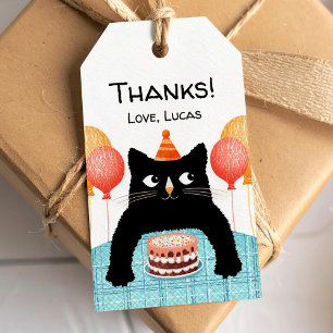 Étiquettes-cadeau Petit chat noir et gâteau d'anniversaire