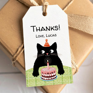 Étiquettes-cadeau Petit chat noir et gâteau d'anniversaire