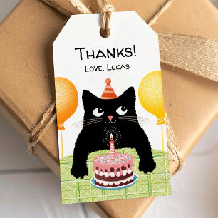 Étiquettes-cadeau Petit chat noir, gâteau d'anniversaire et ballons