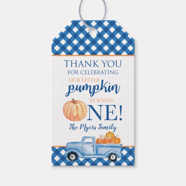 Étiquettes-cadeau Petit Citrouille Camion bleu automne premier cadea (Devant)