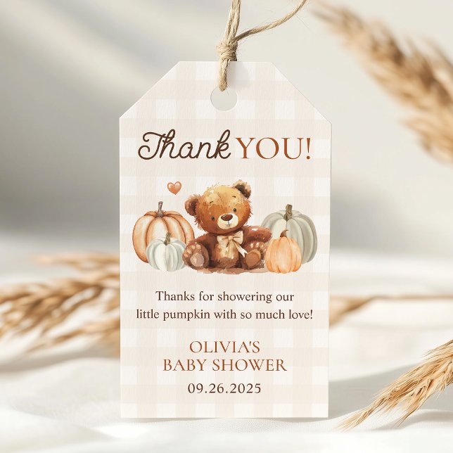 Étiquettes-cadeau Petit Citrouille En vichy Ours Baby shower d'autom (Créateur téléchargé)