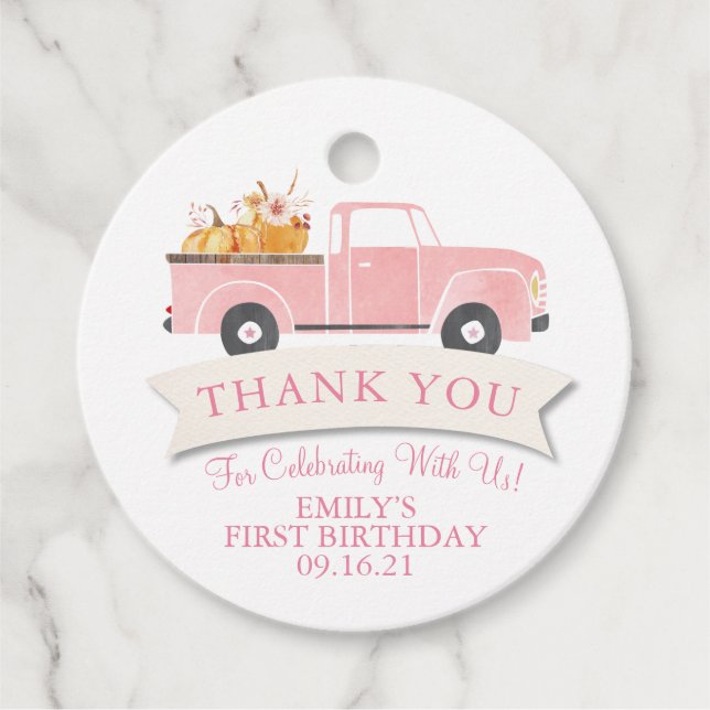 Étiquettes Cadeau Petit Citrouille Pink Truck 1ère fête d'anniversai (Devant)