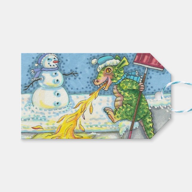 ÉTIQUETTES-CADEAU PETIT DRAGON MELTING & SHOVELING NEIGE, FUNNY CUTE (Devant (Horizontal))