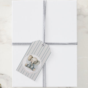 Étiquettes-cadeau Petit Eléphant d'arachide Baby shower bleu rayé