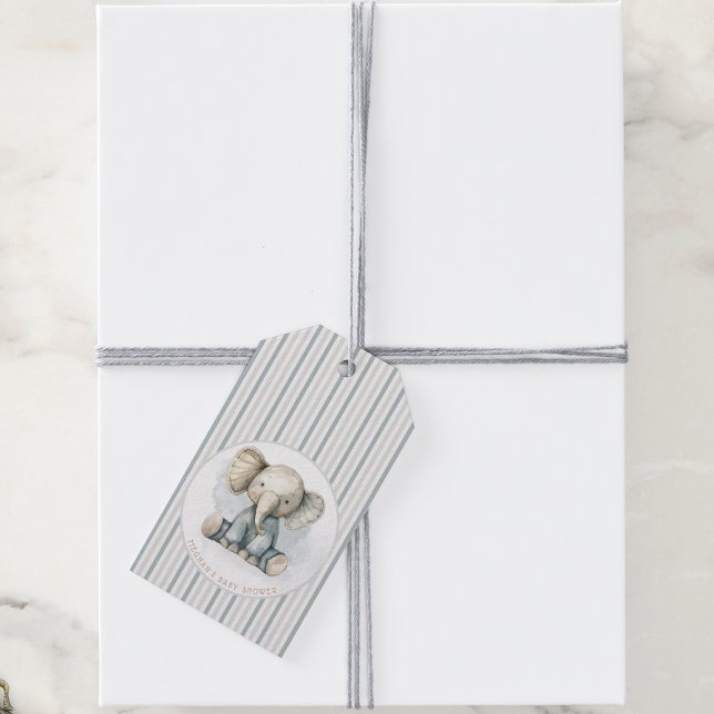 Étiquettes-cadeau Petit Eléphant d'arachide Baby shower bleu rayé (Créateur téléchargé)