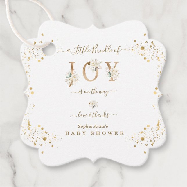 Étiquettes Cadeau Petit Ensemble De Joy Baby shower Floral Or Blanc (Devant)