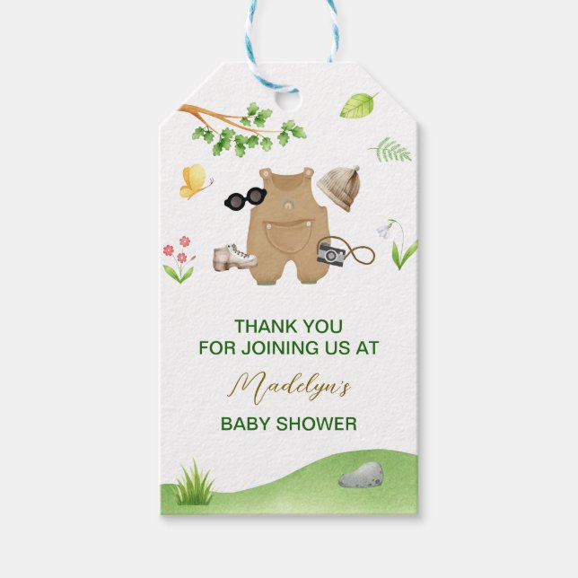 Étiquettes-cadeau Petit explorateur Fête de bébé forêt de bois (Devant)