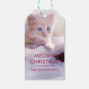 Étiquettes-cadeau Petit Kitten reposant sur un chapeau de Noël Meowy