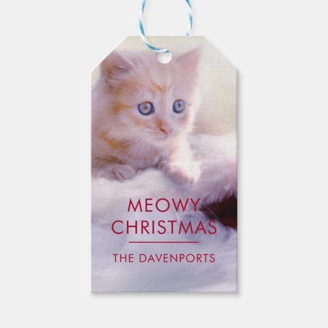 Étiquettes-cadeau Petit Kitten reposant sur un chapeau de Noël Meowy (Devant)