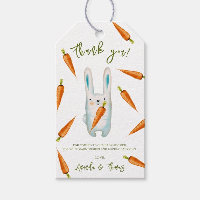 Étiquettes-cadeau Petit lapin aux carottes - baby shower merci (Devant)