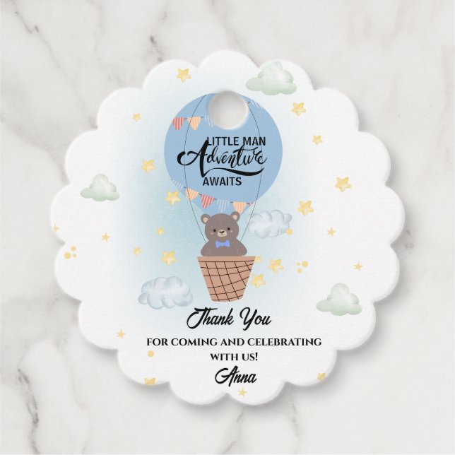Étiquettes Cadeau petite aventure homme attend le baby shower ours (Devant)