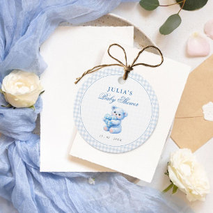Étiquettes Cadeau Petite Baby Shower Ours en Vichy Bleu