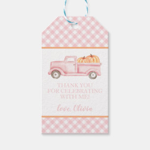 Étiquettes-cadeau Petite citrouille camion rose carreau premier anni