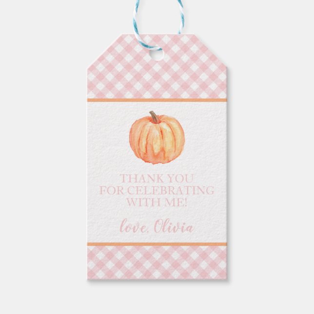 Étiquettes-cadeau Petite citrouille carreau rose premier anniversair (Devant)