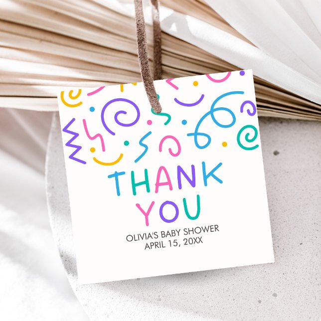 Étiquettes Cadeau Petite Fête de Bébé Carré (Retro Tiny Human Shindig Baby Shower Favor Tags)