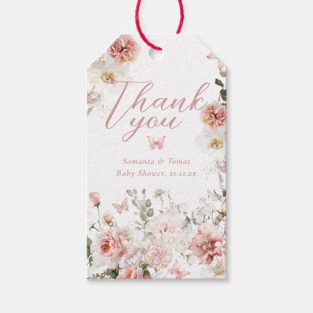 Étiquettes-cadeau Petite Fête de Bébé Fille Papillon Rose Floral  (Devant)
