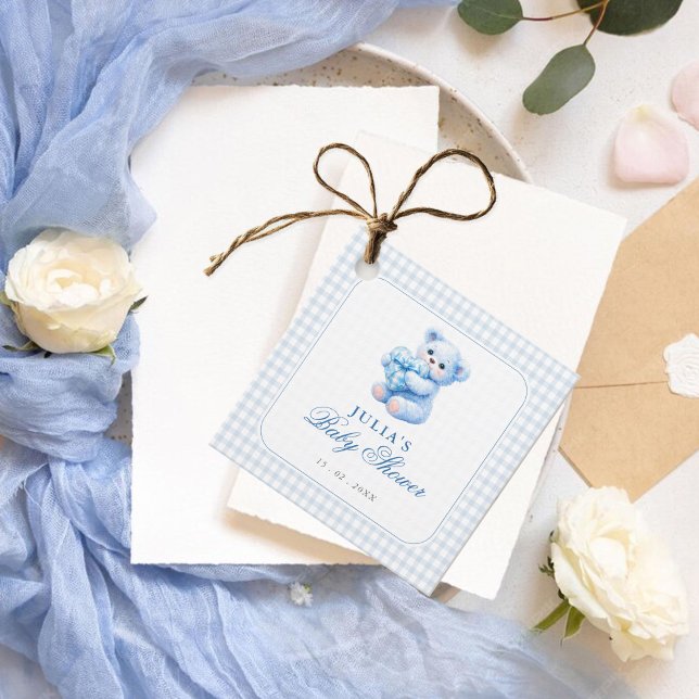 Étiquettes Cadeau Petite Fête de Naissance Ourson en Vichy Bleu (Créateur téléchargé)