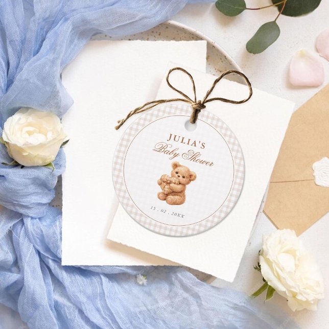Étiquettes Cadeau Petite Fête de Naissance Ourson Marron Gingham (Créateur téléchargé)