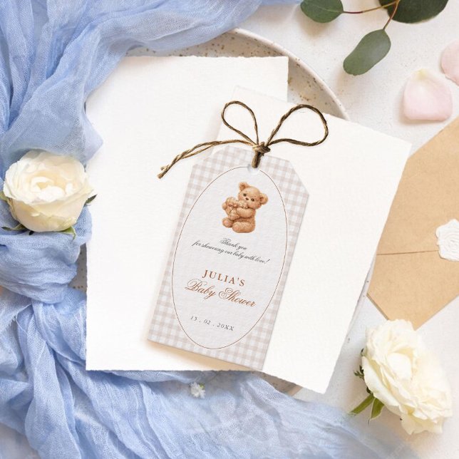 Étiquettes-cadeau Petite Fête de Naissance Ourson Marron Gingham (Créateur téléchargé)
