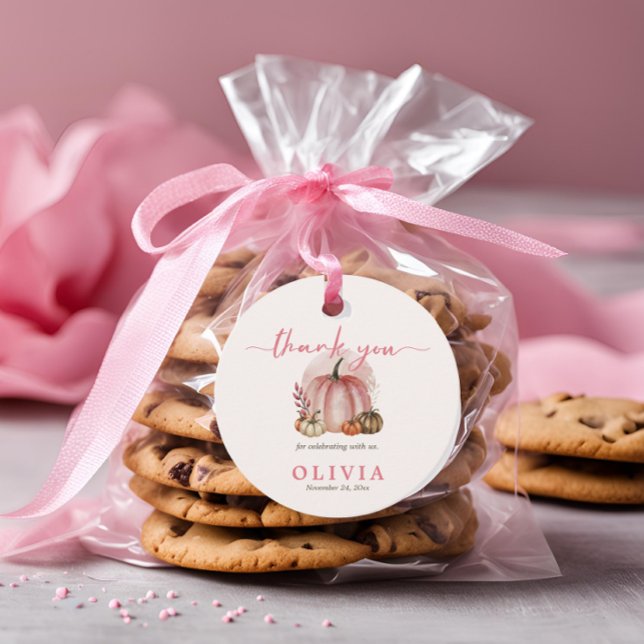 Étiquettes Cadeau Petite fille Citrouille Baby shower rose Merci (Créateur téléchargé)