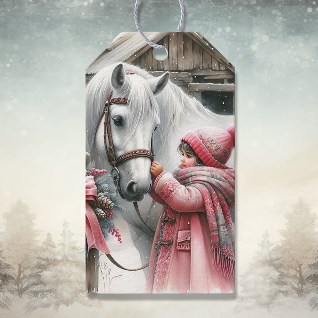 Étiquettes-cadeau Petite fille et son cheval Noël rustique (Créateur téléchargé)
