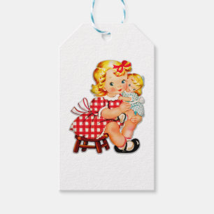 Étiquettes-cadeau Petite fille rétro vintage poupée enfant