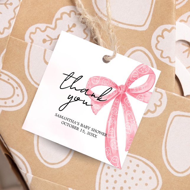 Étiquettes Cadeau Petite fille rose Boo Halloween Baby shower Carré (Pink Bow Little Boo Coquette Halloween Baby Shower Round Favor Tags)