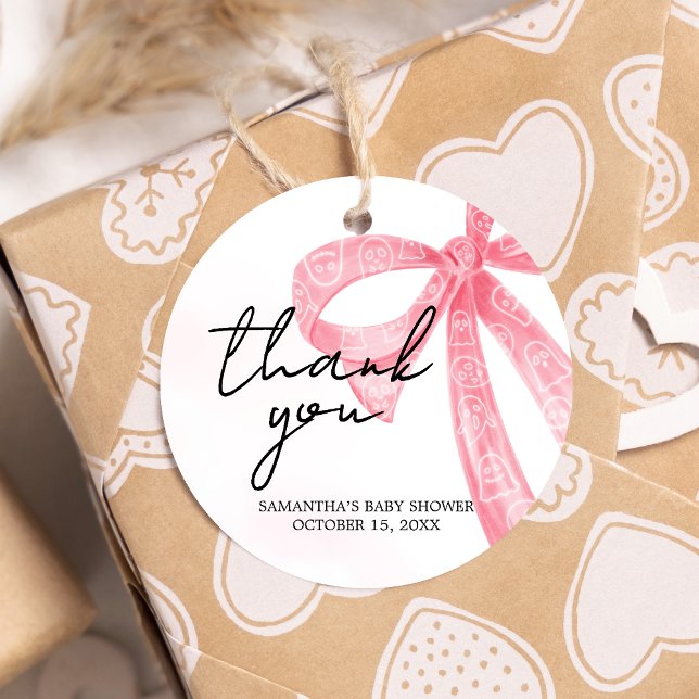Étiquettes Cadeau Petite fille rose Boo Halloween Baby shower rond (Pink Bow Little Boo Coquette Halloween Baby Shower Round Favor Tags)