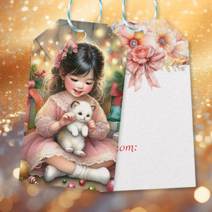 Étiquettes-cadeau Petite fille Vintage en rose avec chaton Noël