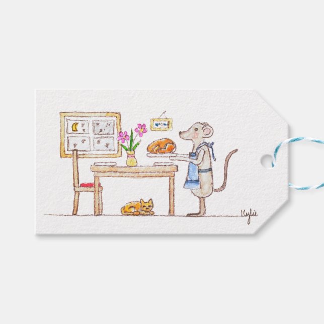 Étiquettes-cadeau Petite Souris Avec Dinde (Devant (Horizontal))
