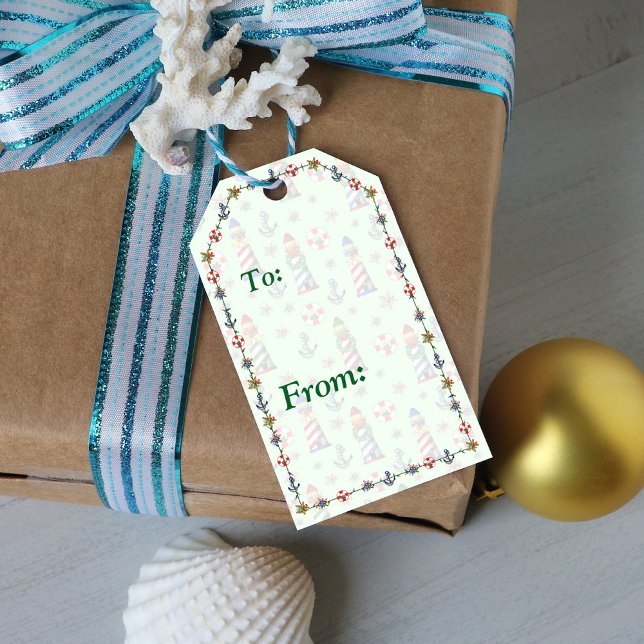 Étiquettes-cadeau Phare de Noël nautique sur Arrière - plan vert (Créateur téléchargé)