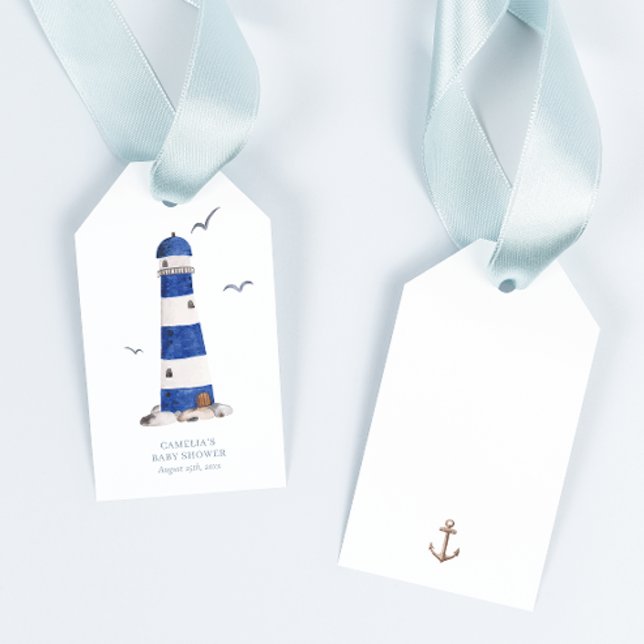 Étiquettes-cadeau Phare Nautique Minimal Baby shower Ahoy Boy (Créateur téléchargé)