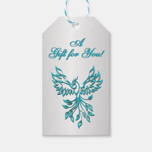 Étiquettes-cadeau Phoenix bleu turquoise avec texte sur argent