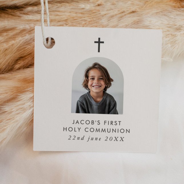 Étiquettes Cadeau Photo Arched First Communion Boy Merci (Zazzle Arched Photo First Communion Boy Thank You Favor Tags)