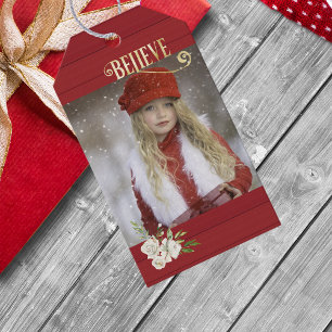 Étiquettes-cadeau Photo Christmas Believe Bright Red Wood