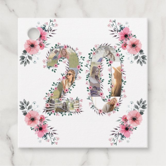 Étiquettes Cadeau Photo Collage 20e anniversaire fille rose Fleur bl (Devant)