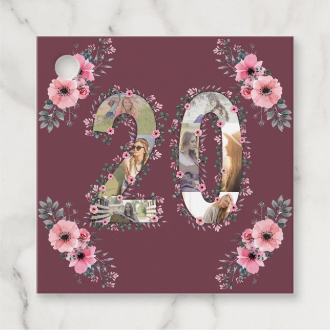 Étiquettes Cadeau Photo Collage Big 20th Birthday Girl Pink Flower (Devant)