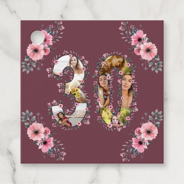 Étiquettes Cadeau Photo Collage Big 30th Birthday Rose Flower Woman (Devant)