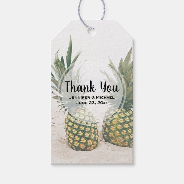 Étiquettes-cadeau Photo de 2 ananas lors d'un mariage sur la plage (Devant)
