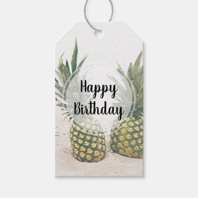 Étiquettes-cadeau Photo de 2 ananas sur une plage Anniversaire (Devant)