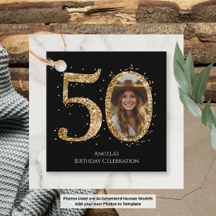 Étiquettes Cadeau Photo de 50e anniversaire en paillettes dorées Adu