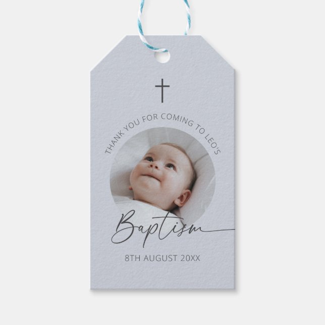 Étiquettes-cadeau Photo de baptême Merci Bleu Poussiéreux (Devant)