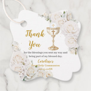 Étiquettes Cadeau Photo de calice de première communion florale blan