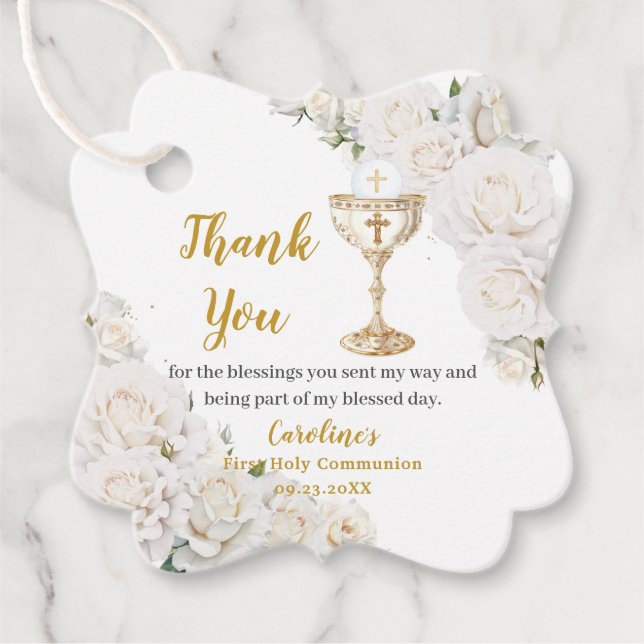 Étiquettes Cadeau Photo de calice de première communion florale blan (Devant)