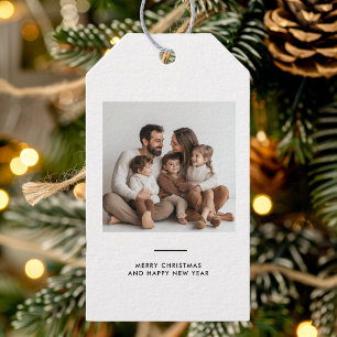Étiquettes-cadeau Photo de famille & Joyeux et minimaliste lumineux