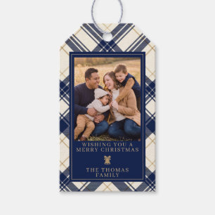 Étiquettes-cadeau Photo de famille Joyeux Noël à carreaux Navy