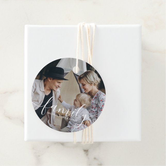 Étiquettes Cadeau Photo de famille personnalisée avec nom personnali (En situation)
